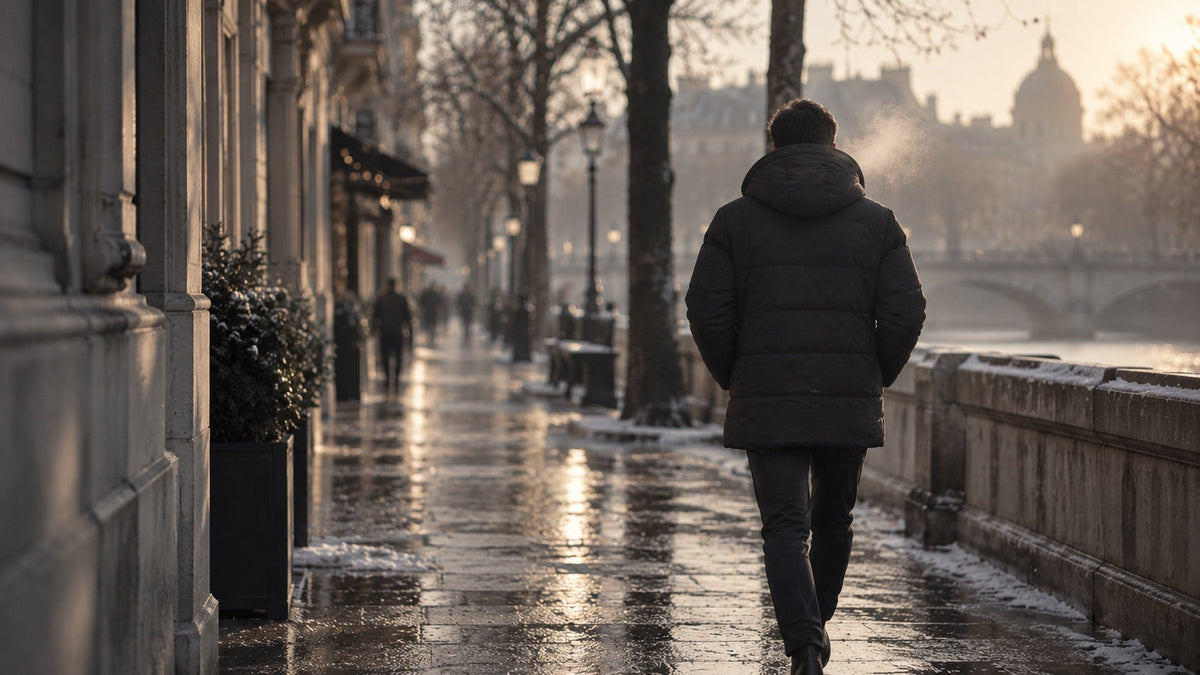 Un homme de dos en manteau matelasse sombre, marchant sur un trottoir mouille un matin d'hiver Image