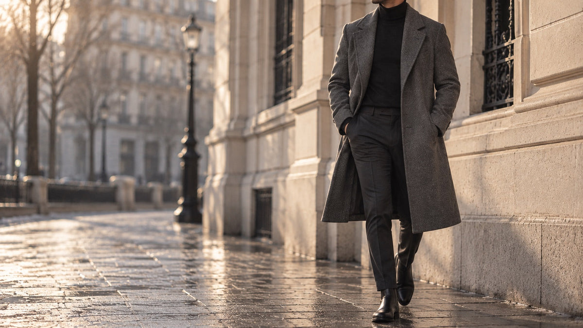 Un homme en manteau long sombre vu de trois quarts en pied, sur un trottoir humide
