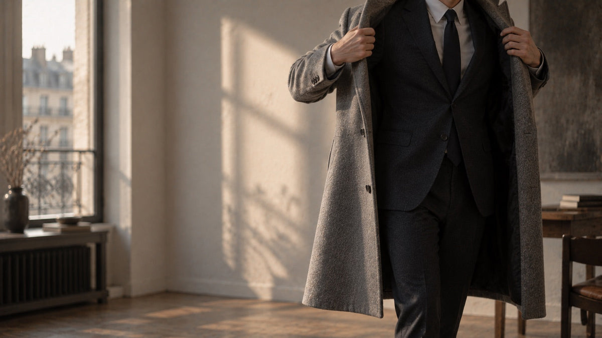 Un homme en costume sombre enfilant un manteau long gris qui depasse la veste Image