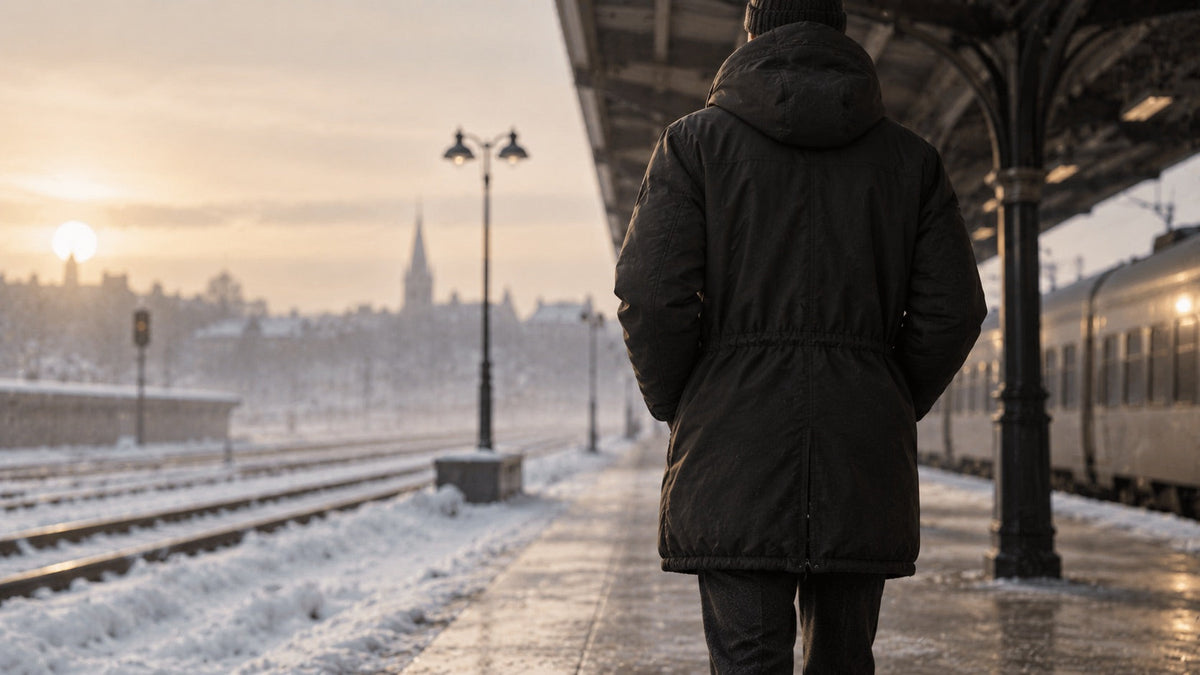 Un homme de dos en parka sombre, capuche relevee, sur un quai de gare enneige Image