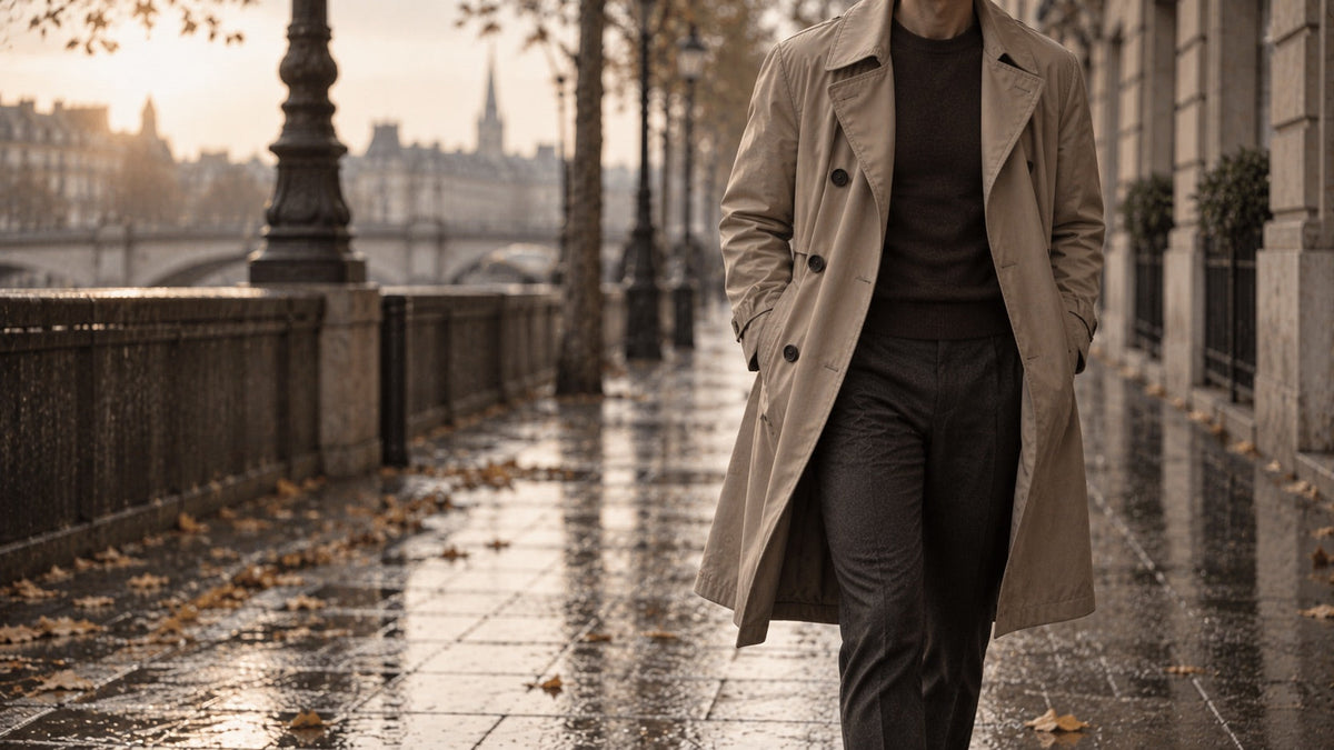 Un trench beige porte ouvert sur un pull fin, sur un trottoir humide de printemps