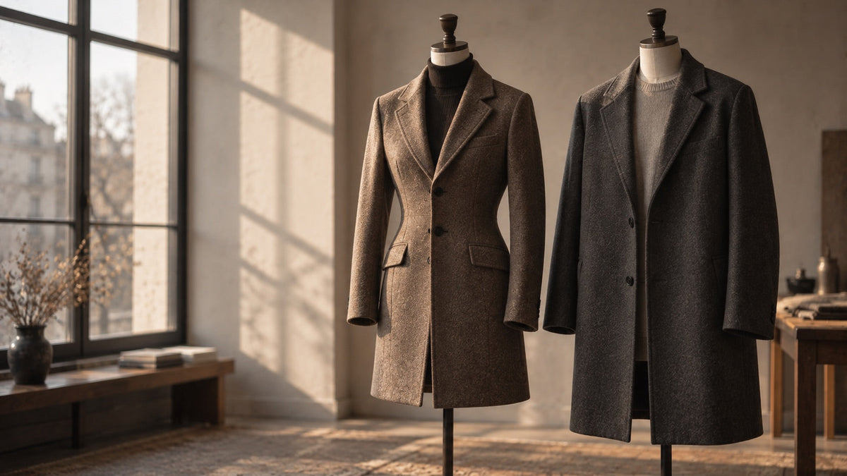 Deux manteaux sur mannequins de tailleur cote a cote, l'un cintre, l'autre tombant droit