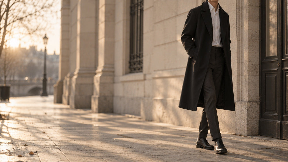Un manteau long noir en drap de laine mat, porte ouvert sur une chemise blanche