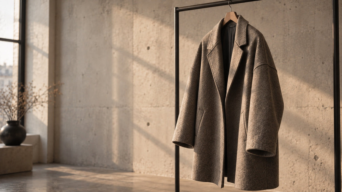 Un manteau ample suspendu a un portant, epaule tombante visible, devant un mur clair