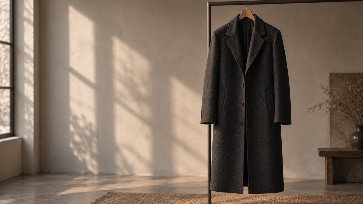 Un manteau long droit en laine sombre suspendu seul, ligne verticale continue de l'epaule au bas Image