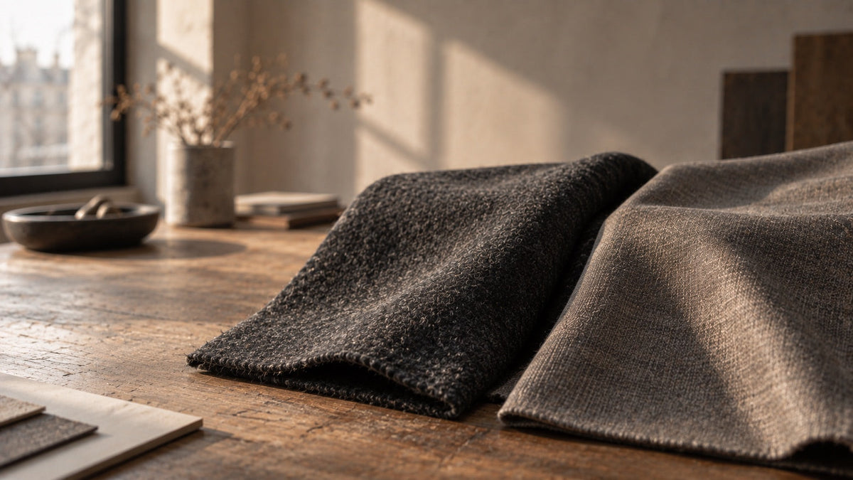 Deux pans de tissu poses cote a cote sur une table en bois, l'un mat et epais, l'autre plus lisse Image