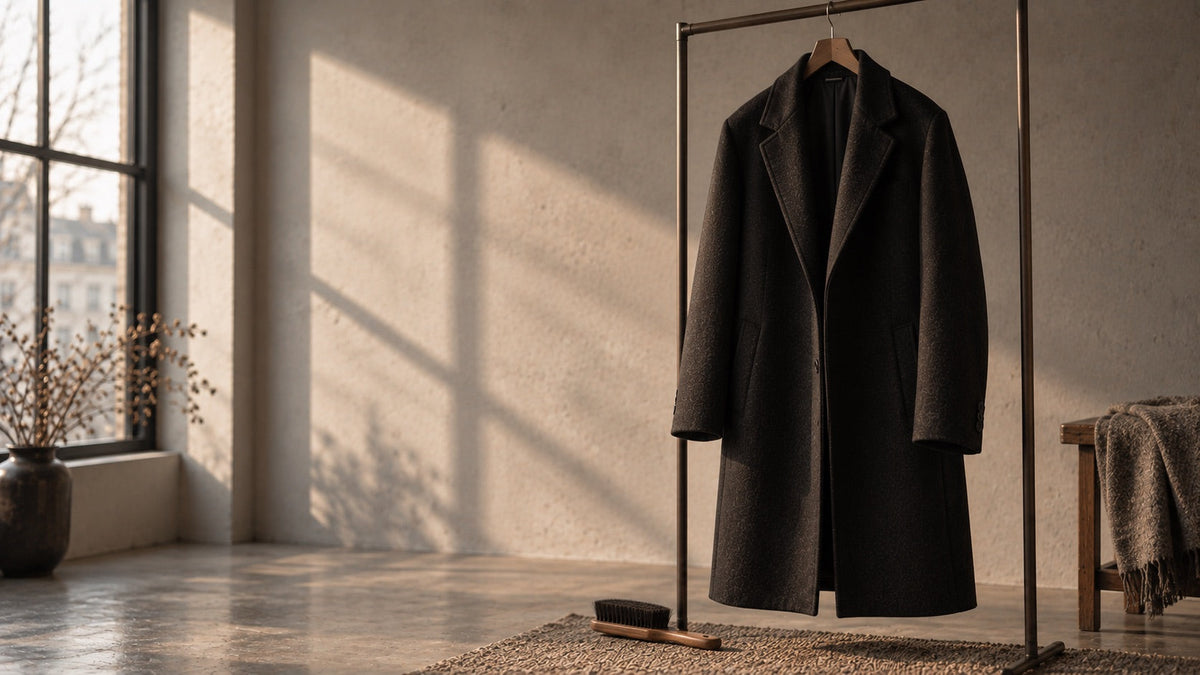 Un manteau long noir en drap de laine mat, suspendu seul en lumiere rasante Image