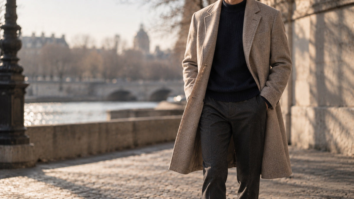 Un homme en manteau beige porte ouvert sur un pull sombre, cadre du buste aux chaussures Image
