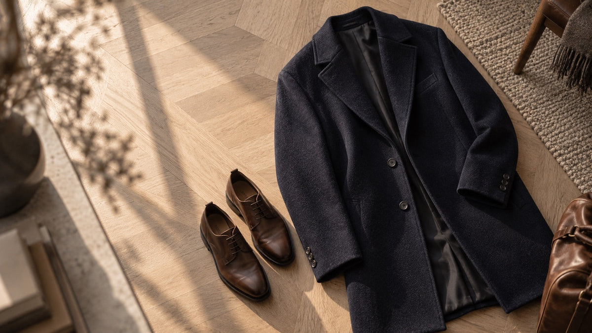 Un manteau bleu marine et une paire de chaussures en cuir marron poses ensemble, vus du dessus Image