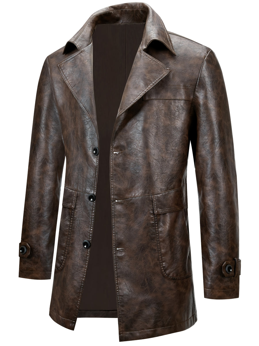 Manteau Homme Mi-Long Boutonné à Revers, Veste Rétro Facile et Décontractée en PU, photo 11