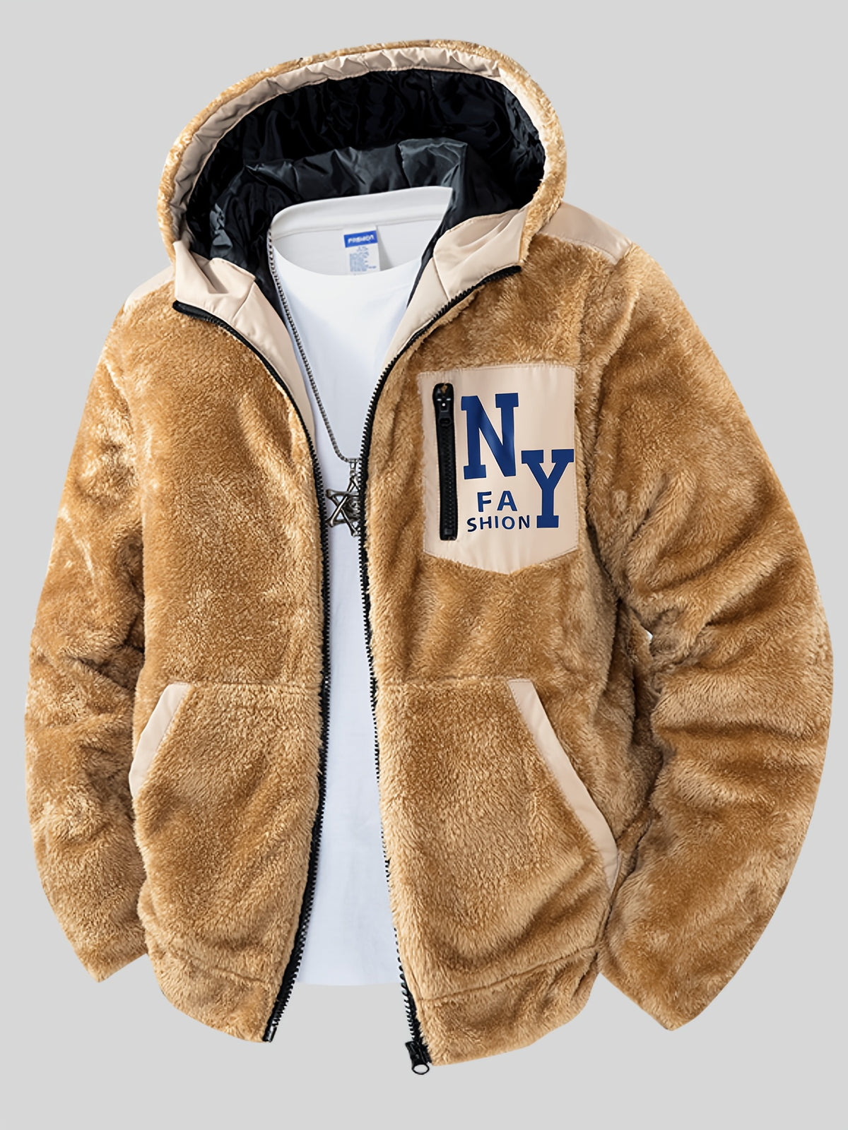 Veste en fausse fourrure pour homme, à capuche, kaki