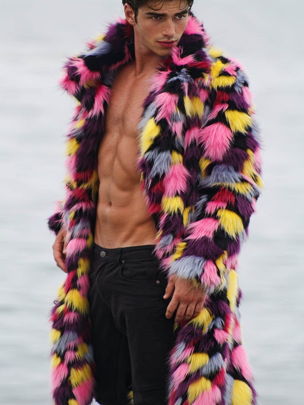 Manteau en fausse fourrure pour homme, grandes tailles, à revers