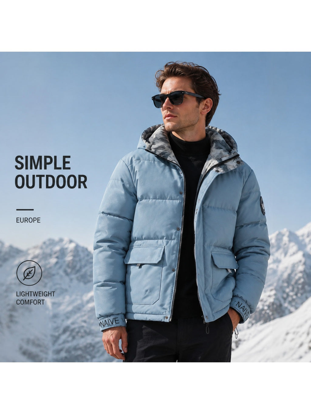 Veste matelassée pour homme, coupe-vent, à capuche, bleu brume