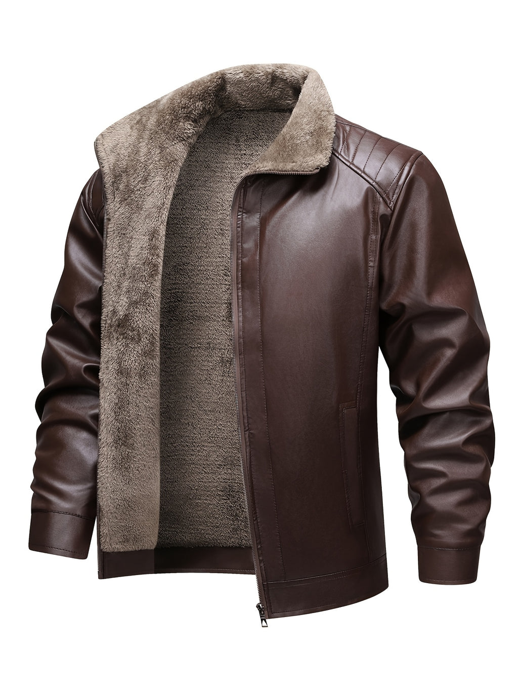 Veste en cuir PU, polaire, à revers, noir