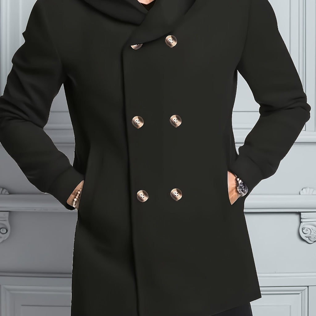 Manteau mi-long en tweed à capuche et double boutonnage, coloris noir, détail