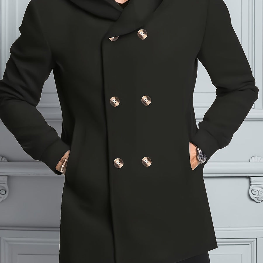 Manteau mi-long en tweed à capuche et double boutonnage, coloris noir, détail