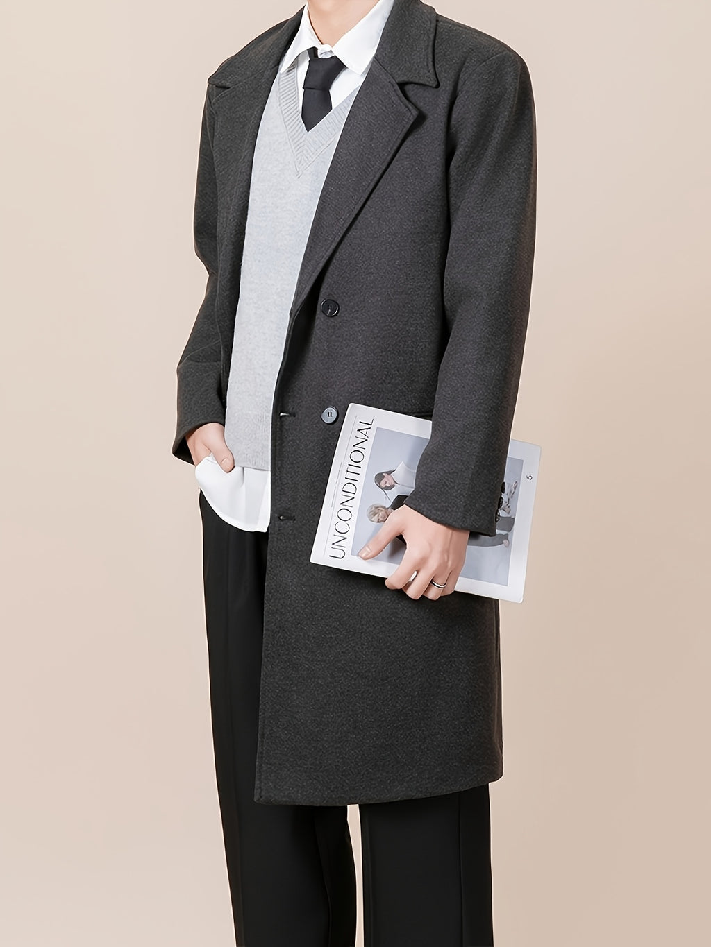 Trench pour homme, tweed, à revers, gris foncé