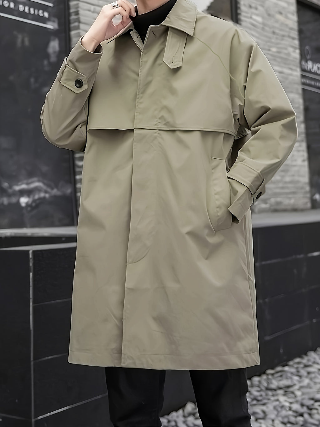 Trench mi-long pour homme, à revers, kaki