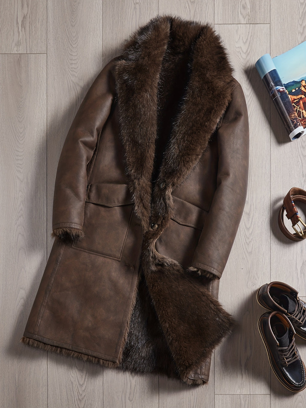 Manteau en fausse fourrure long pour homme, à revers, jaune marron