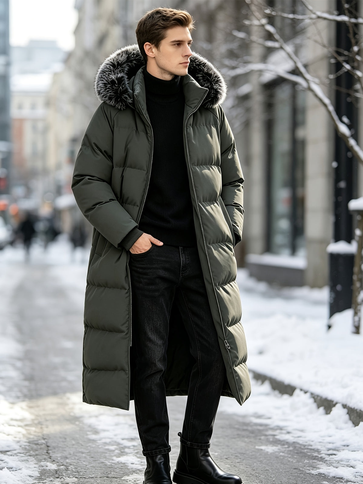 Manteau matelassé long pour homme, à capuche
