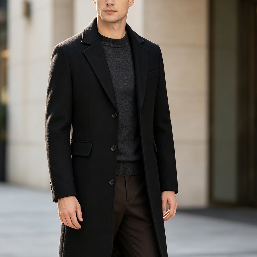Manteau long en mélange de laine, col à revers, coloris noir