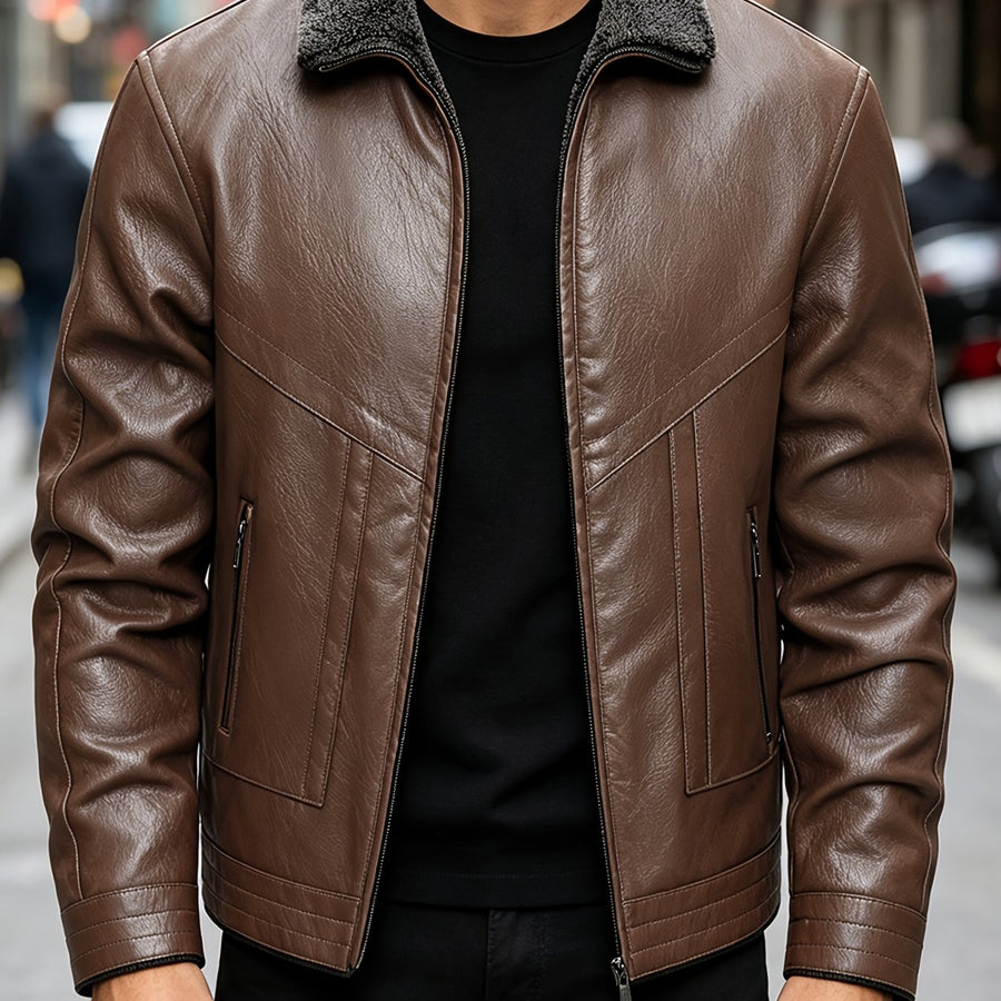 Veste en cuir PU, polaire, à revers, coloris marron foncé