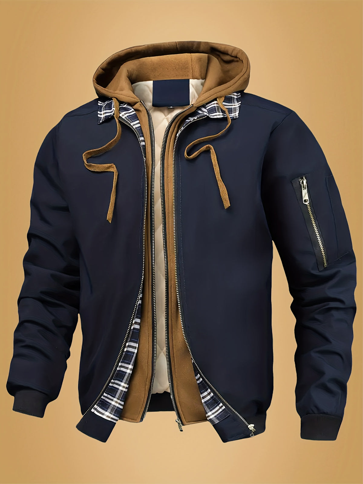 Veste pour homme, à carreaux, à capuche, kaki