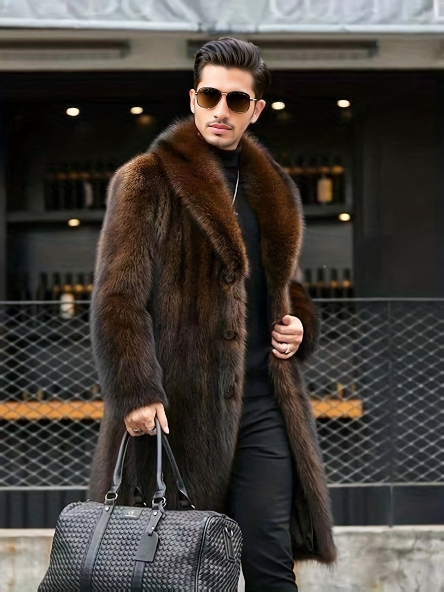 Manteau en fausse fourrure mi-long, à revers, brun, détail du vêtement