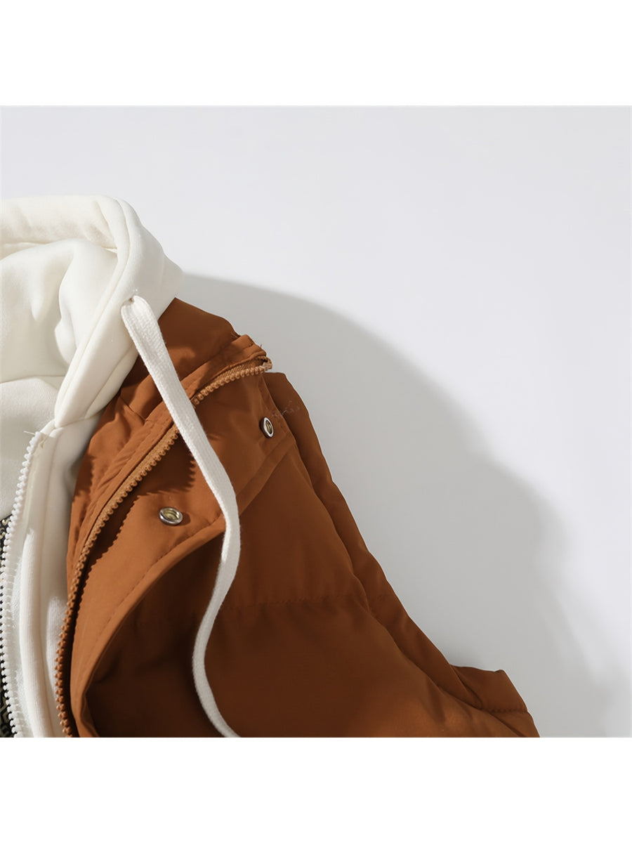 Gilet d'hiver chaud, design tendance sans manches aspect 2-en-1, capuche à cordon de serrage réglable, fermeture avant double ouverture par boutons-pression et fermeture éclair, poche de rangement pratique à insertion latérale, détails de bordu, photo 14