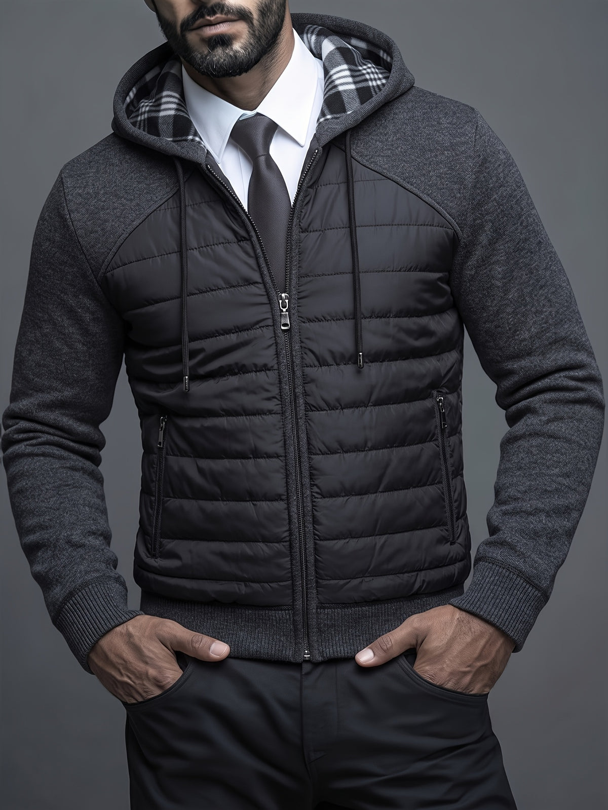 Manteau matelassé long pour homme, patchwork, à capuche