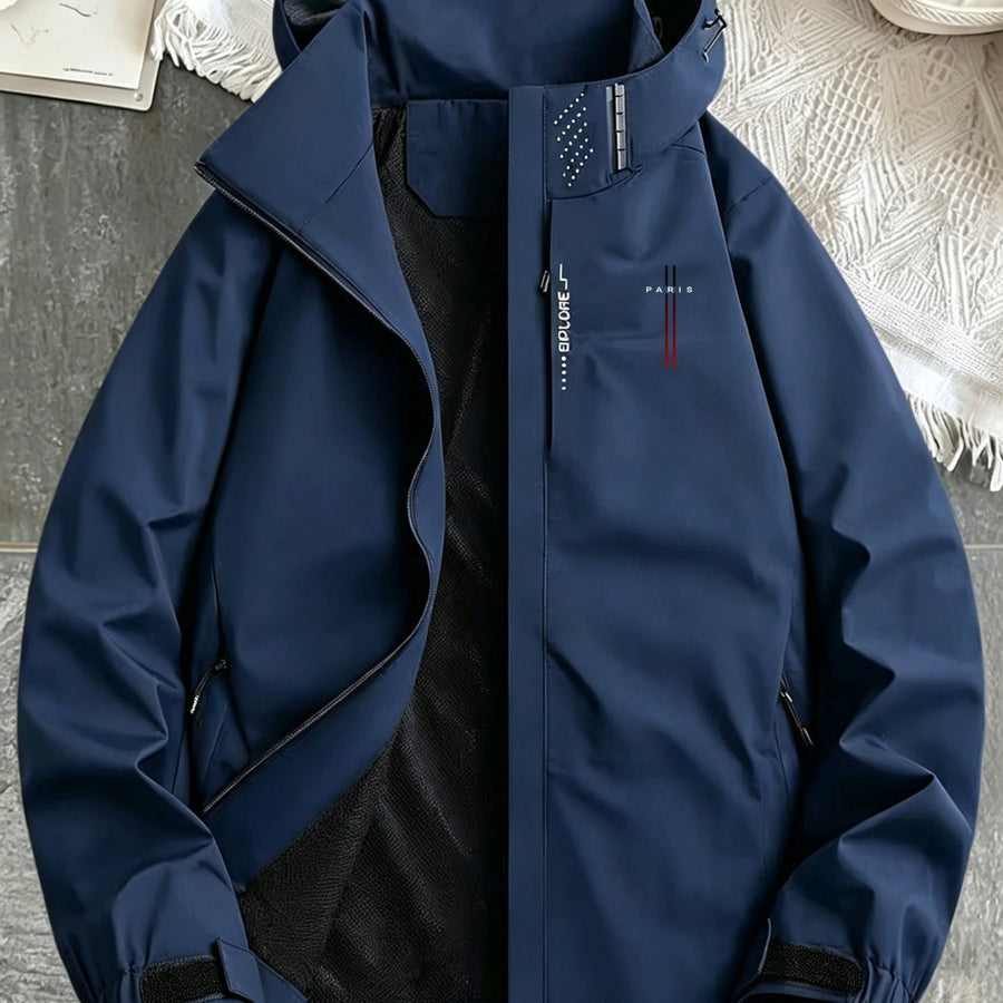 Veste, coupe-vent, à capuche, motif imprimé, coloris bleu marine, détail