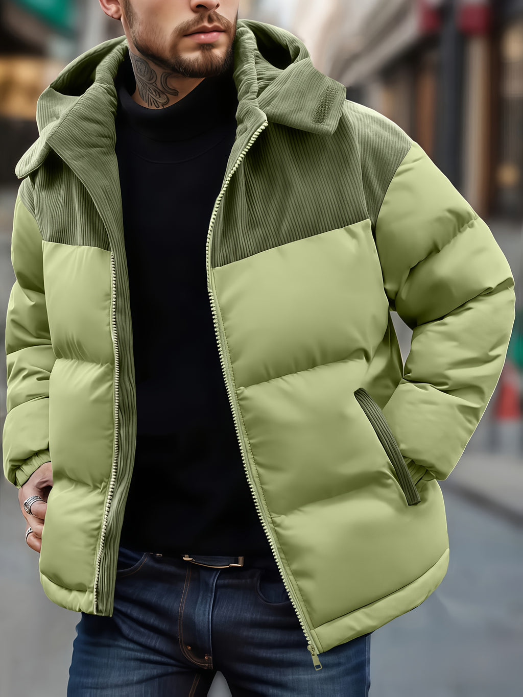 Manteau matelassé pour homme, capuche amovible, brun