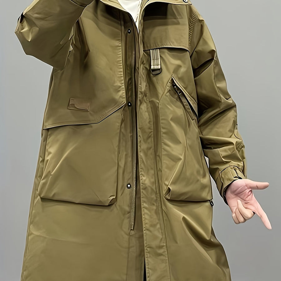 Trench long, à capuche, coloris kaki, détail