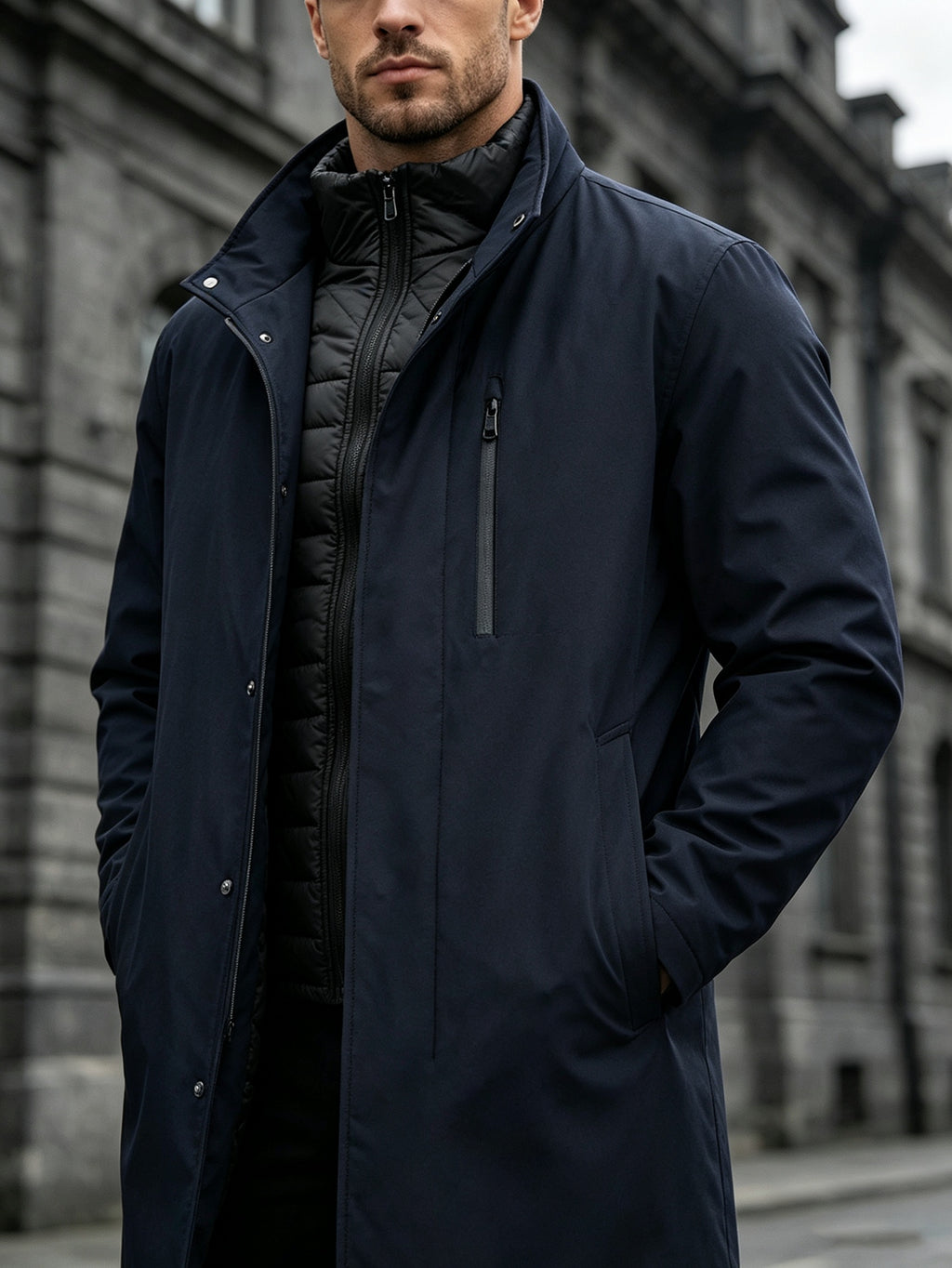 Manteau matelassé long pour homme, à col montant
