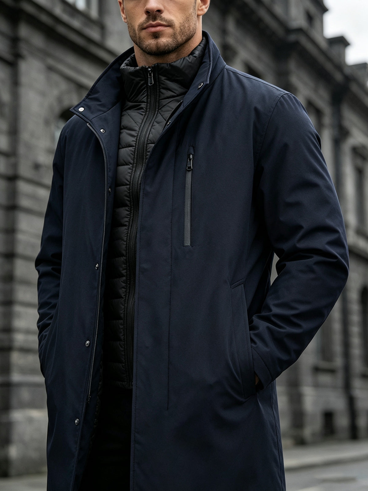 Manteau matelassé long pour homme, à col montant