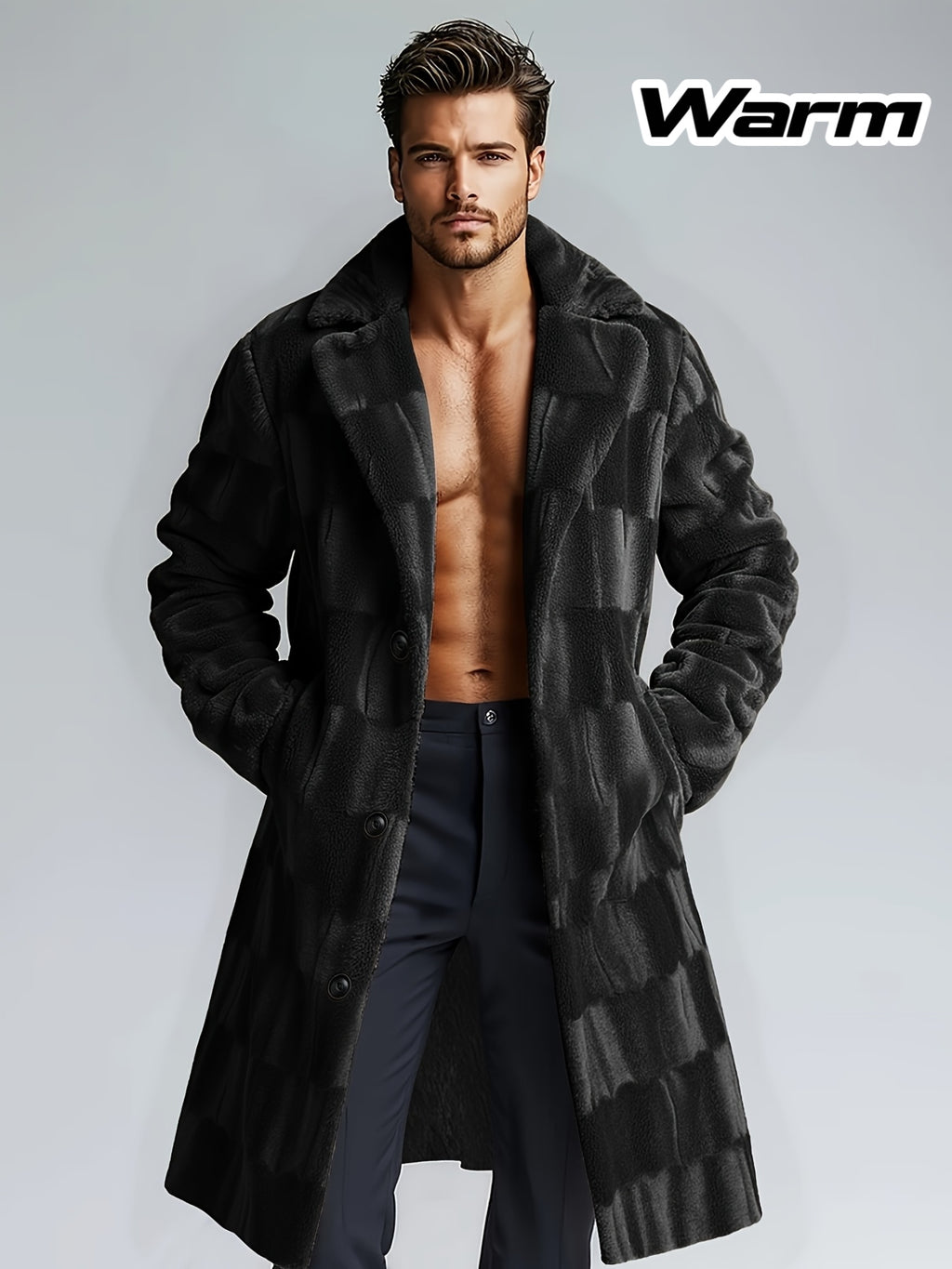 Veste pour homme, polaire, à revers, plaid café