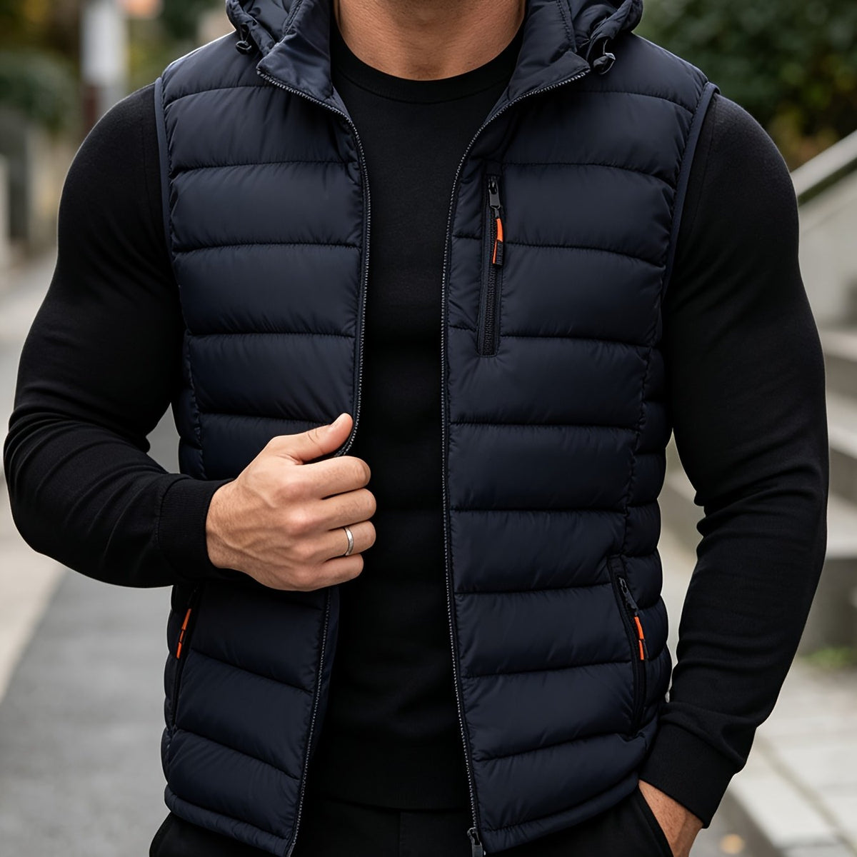 Veste matelassée, coupe-vent, à capuche, fermeture éclair, coloris bleu Image