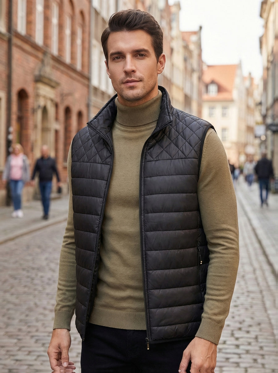 Gilet Homme Couleur Unie Col Montant, Cardigan Léger Sans Manches Automne Hiver, Veste Matelassée Décontractée pour les Trajets Quotidiens, Adaptable à Toute Occasion