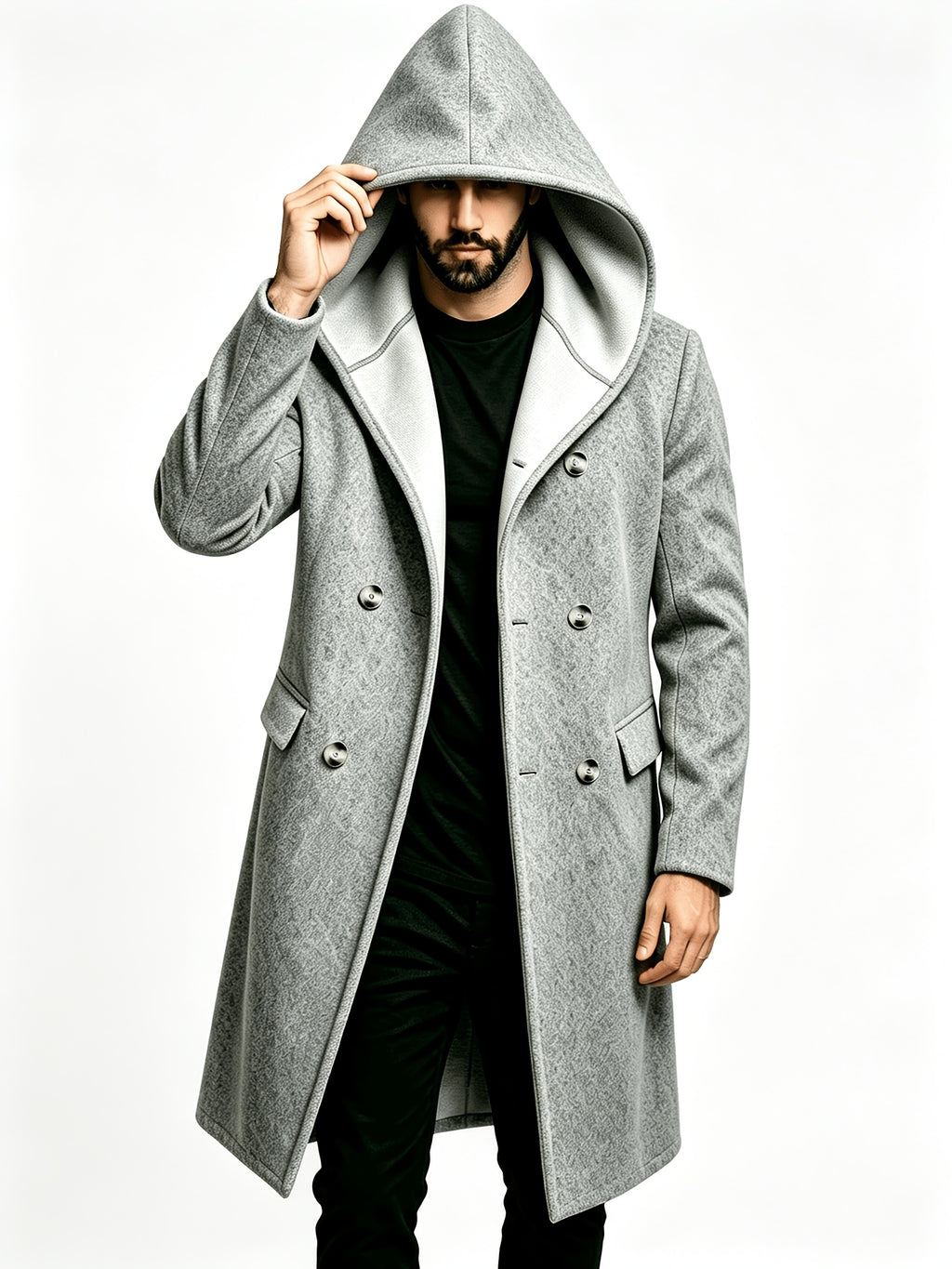 Manteau mi-long pour homme, tweed, à capuche