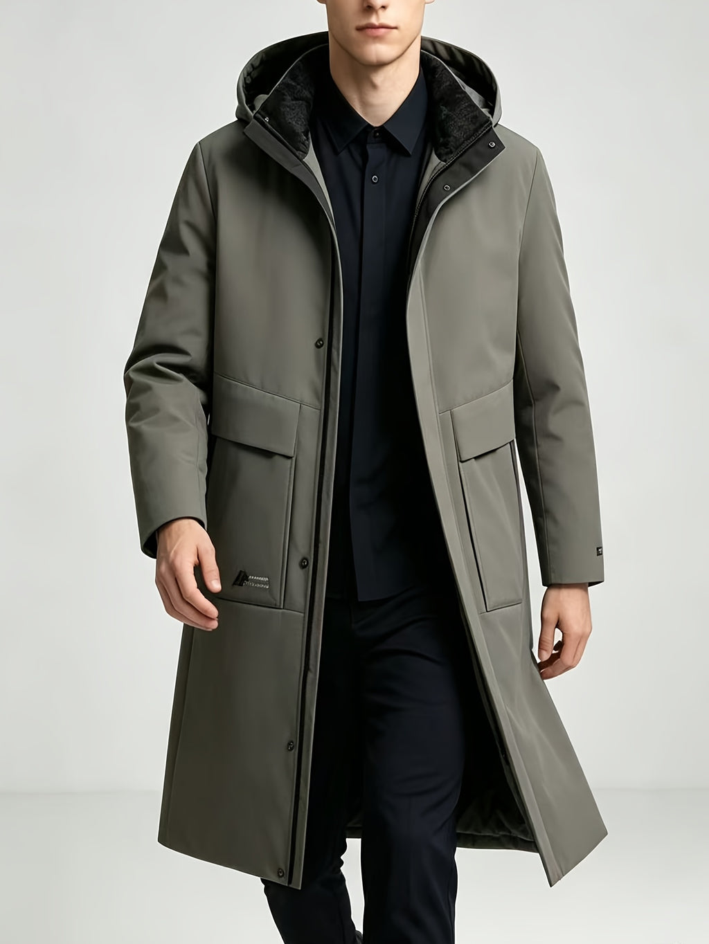 Manteau long pour homme, à capuche, gris clair