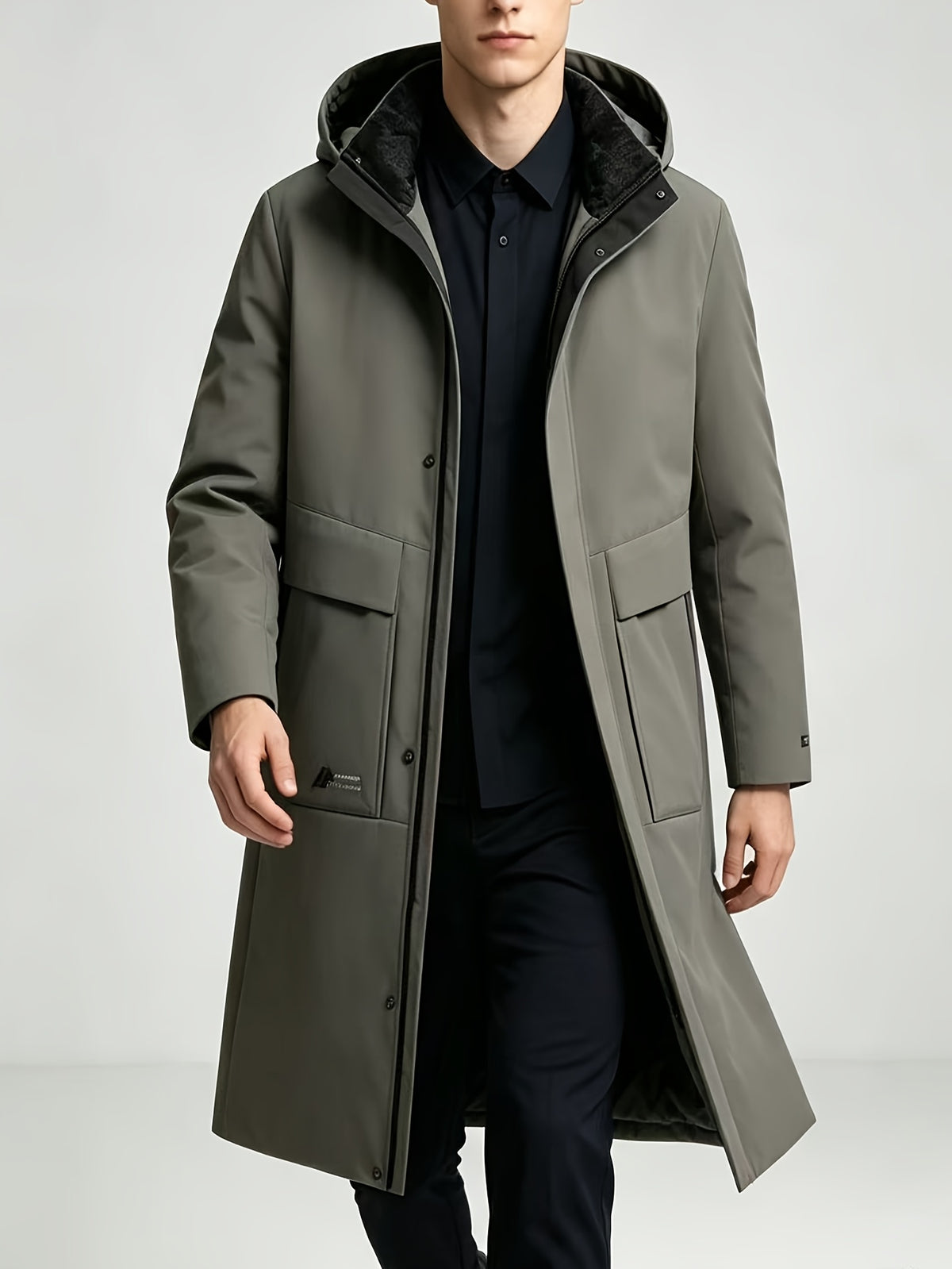 Manteau long pour homme, à capuche, gris clair