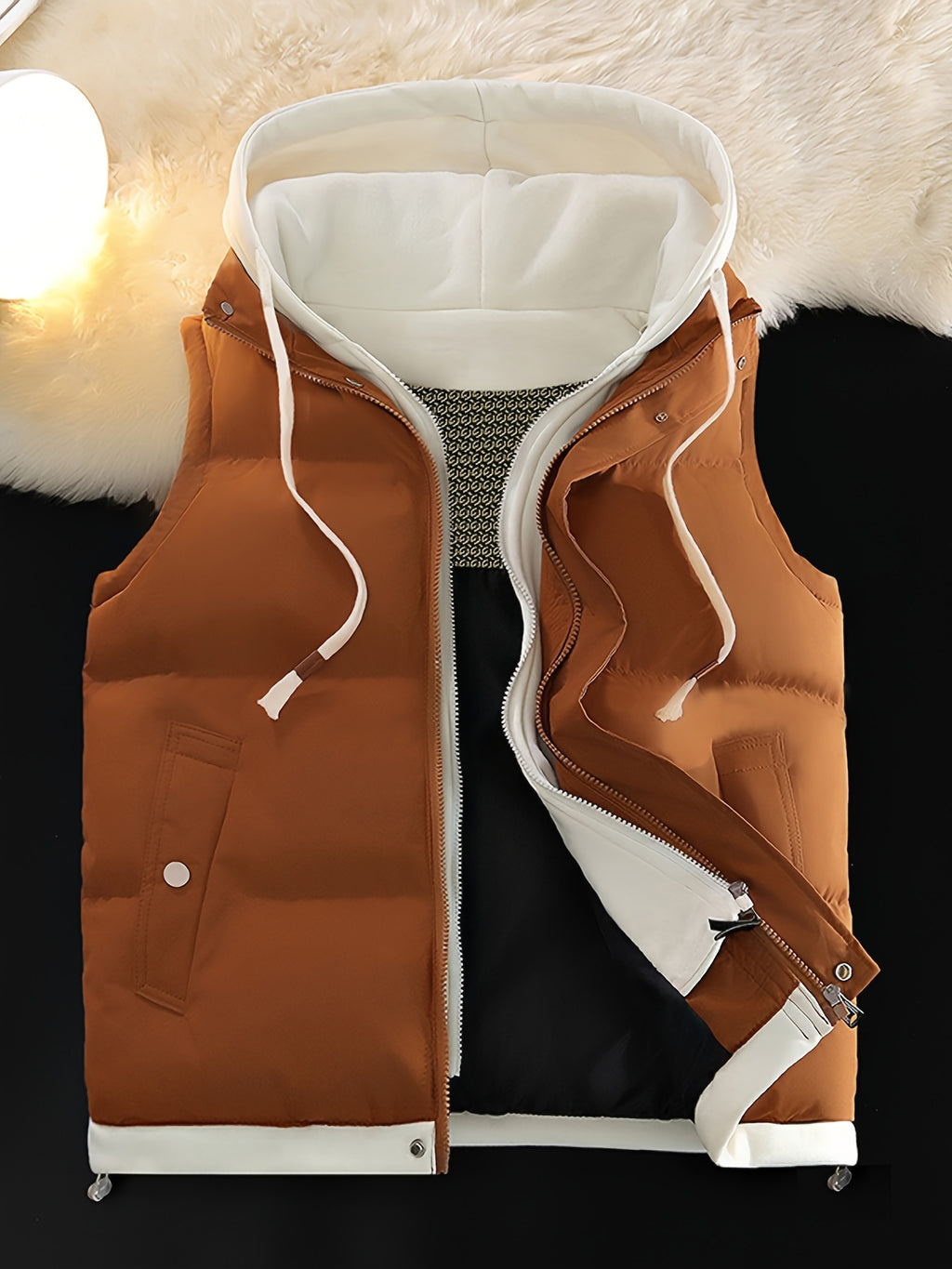 Gilet d'hiver chaud, design tendance sans manches aspect 2-en-1, capuche à cordon de serrage réglable, fermeture avant double ouverture par boutons-pression et fermeture éclair, poche de rangement pratique à insertion latérale, détails de bordu, photo 11