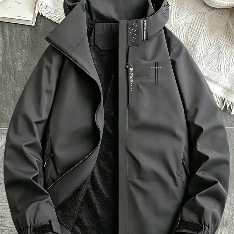 Veste, coupe-vent, à capuche, motif imprimé, coloris gris, détail