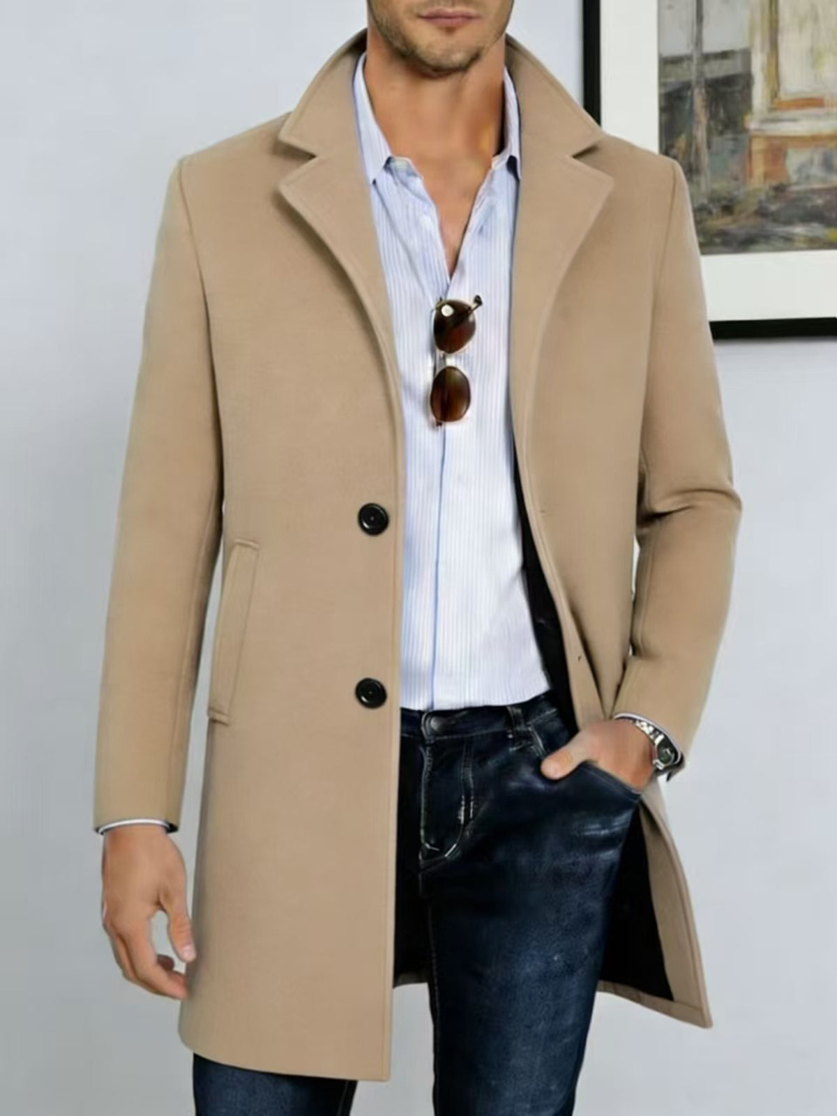 Manteau pour homme, à revers, kaki