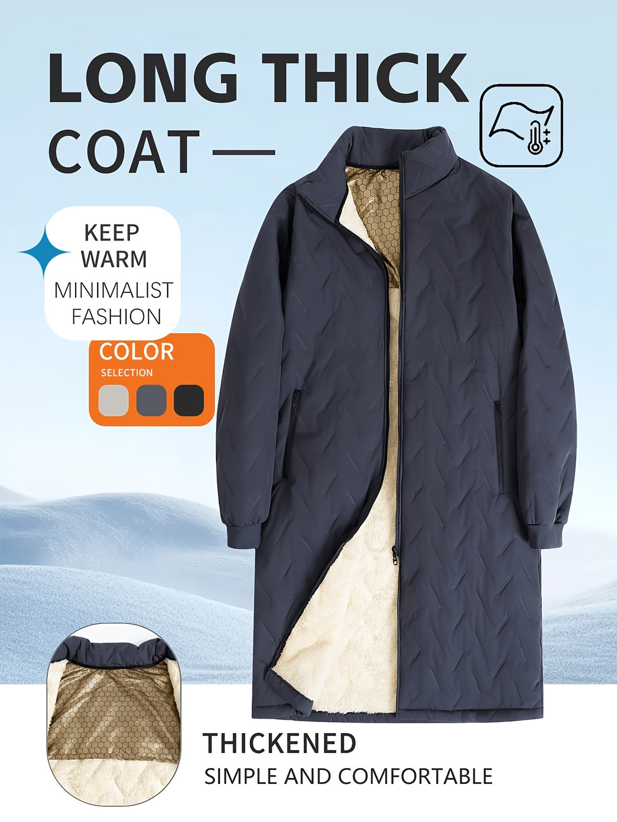 Veste long pour homme, à col montant, noir