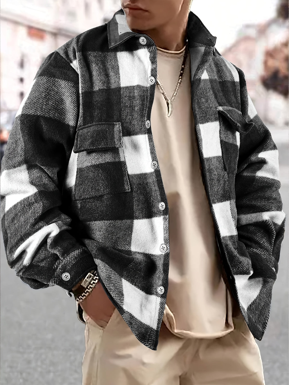 Veste long pour homme, à carreaux, à revers