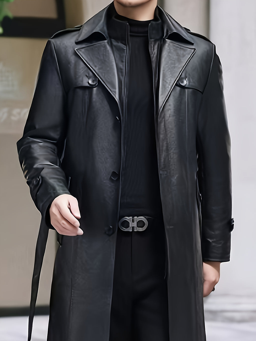 Veste Trench Homme Grande Taille, Manteau en PU, Longueur Moyenne, Décontracté, Sortie, Chaud, Style Hiver Profond, détail du vêtement