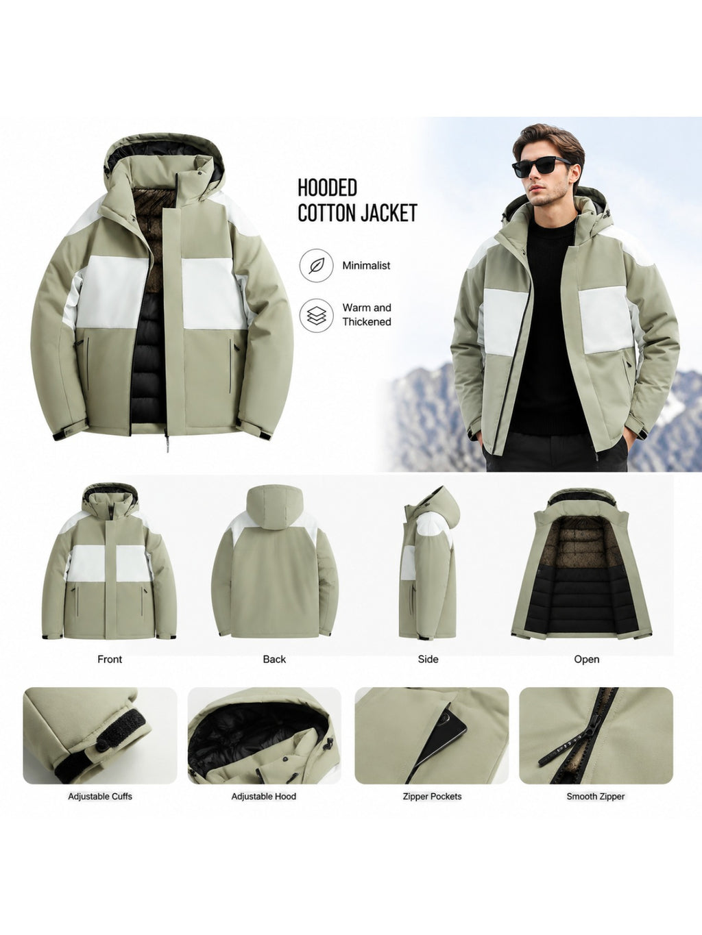 Manteau matelassé pour homme, à capuche, poudre légère