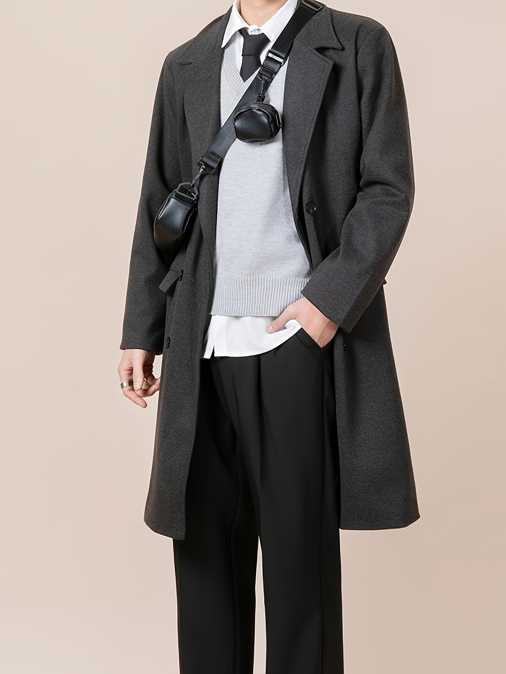 Trench pour homme, tweed, à revers, gris foncé