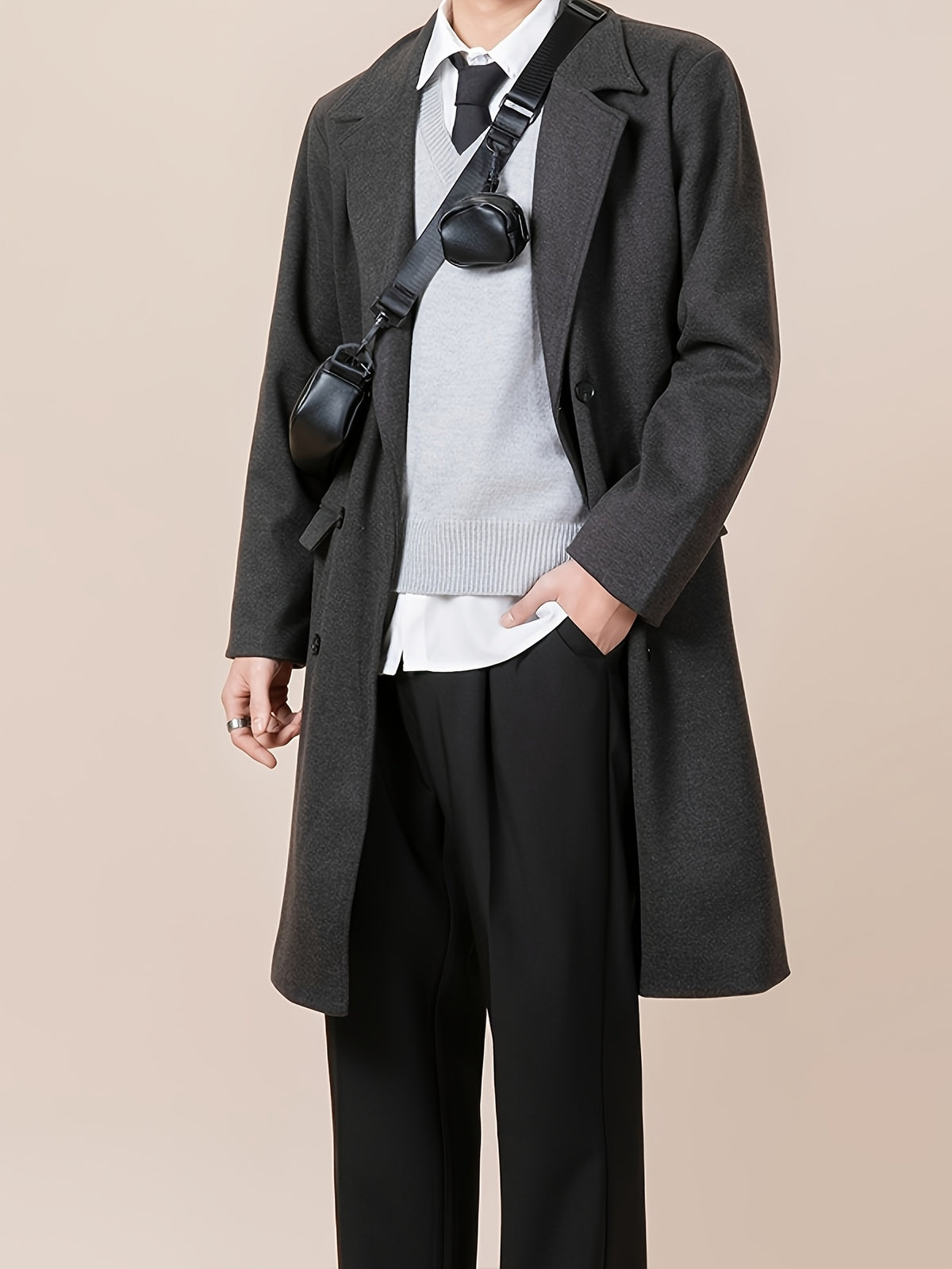 Trench pour homme, tweed, à revers, gris foncé